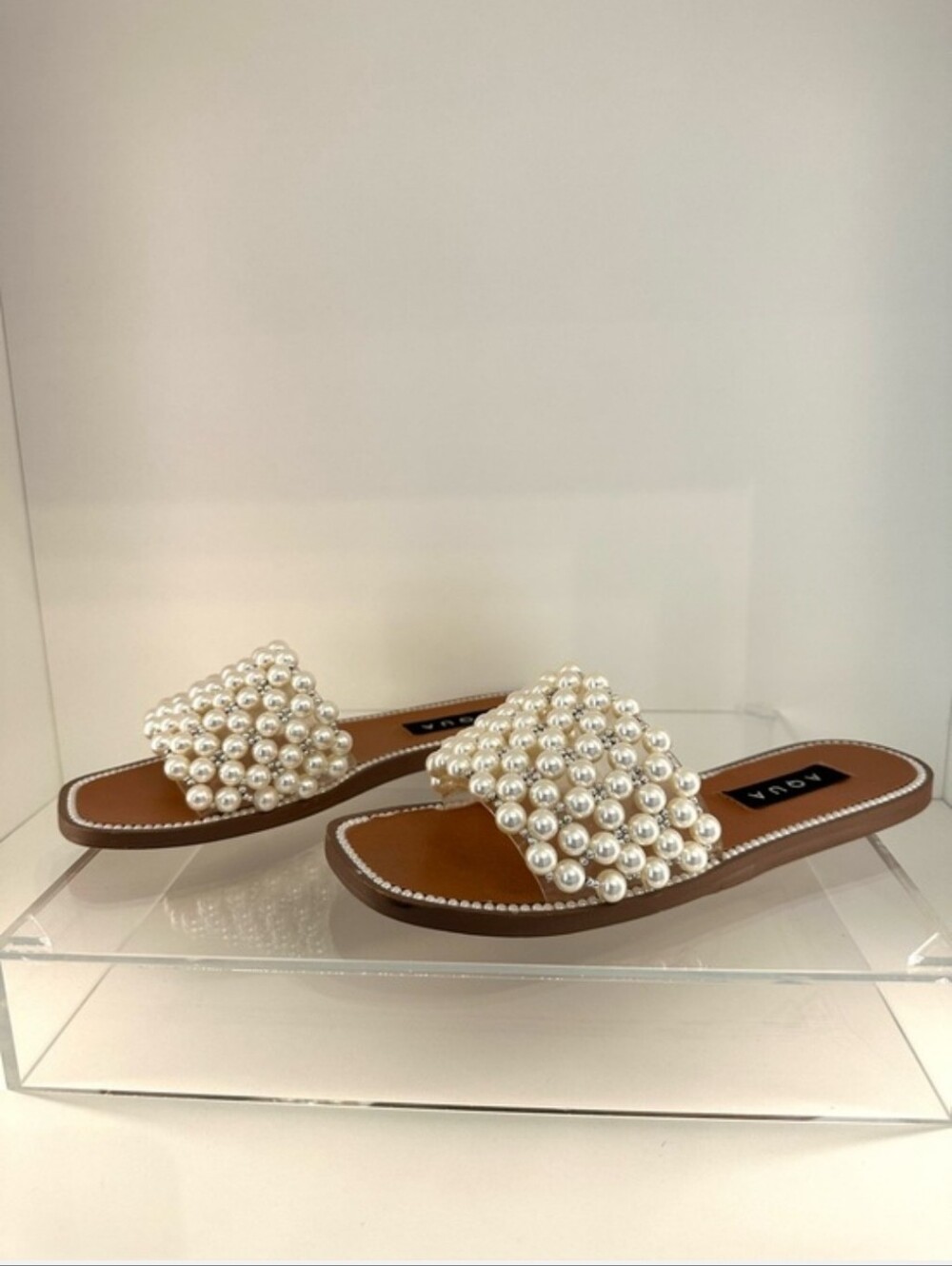 AQUA Pearl-Embellished Tan Slide Sandals - Picture 2 of 6